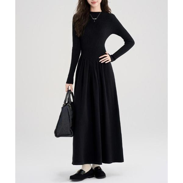 ワンピース リブ切替ニットワンピース