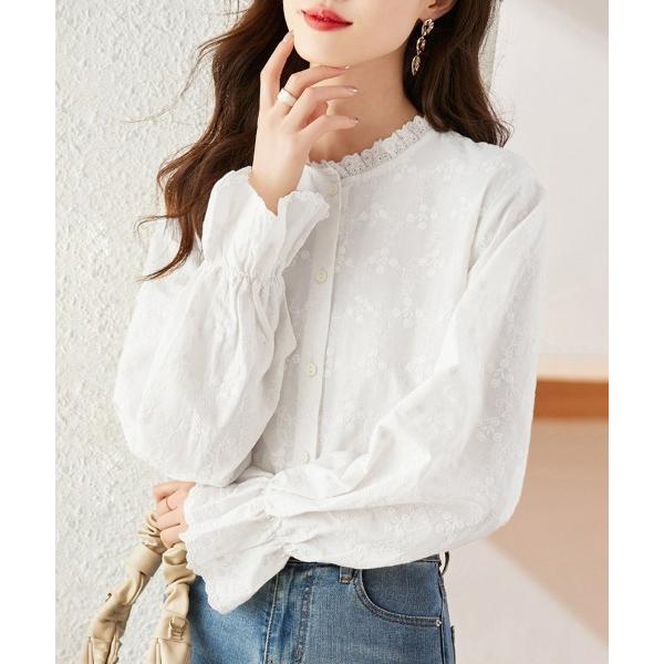 ブラウス シャツ フリル袖刺繍入りブラウス レディース