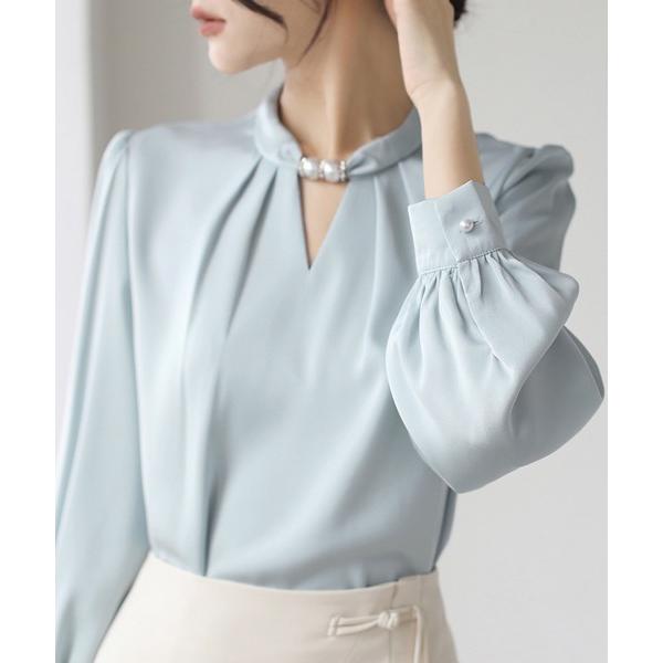 ブラウス シャツ キーネック×パールデザインブラウス レディース