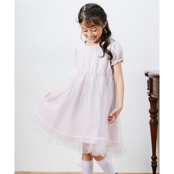 ワンピース 入学式 リボン刺繍チュール切替パフスリーブワンピース　(110〜130cm) キッズ 子...
