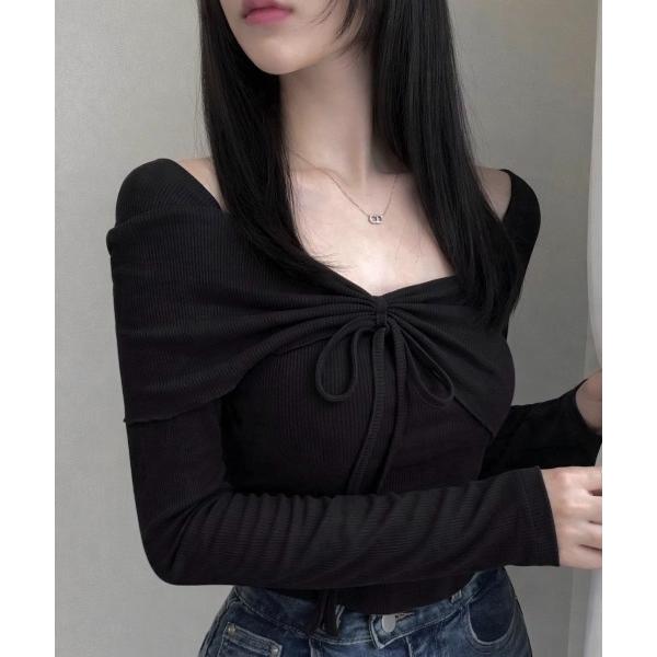 tシャツ 「春夏新作」デコルテ空きリボンデザインテレコトップス レディース