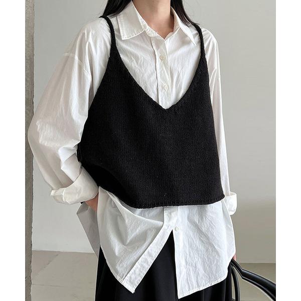 キャミソール 「前後2WAY」レイヤード即戦力。ダブルリボン Vネック ニット ビスチェ レディース