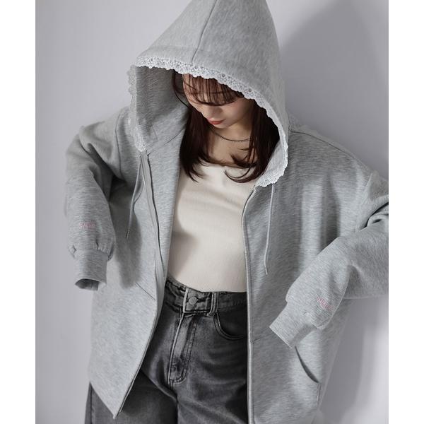 パーカー 袖ロゴ刺繍レースダブルジップパーカー レディース