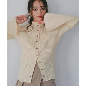 カーディガン モックネック リブニットカーディガン レディース