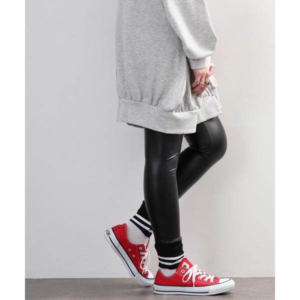 パンツ ボーダー柄裾リブ フェイクレザー レギンスパンツ レディース