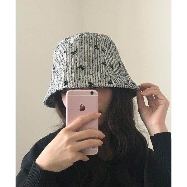 帽子 ハット リボン刺繍 ツイード バケットハット レディース