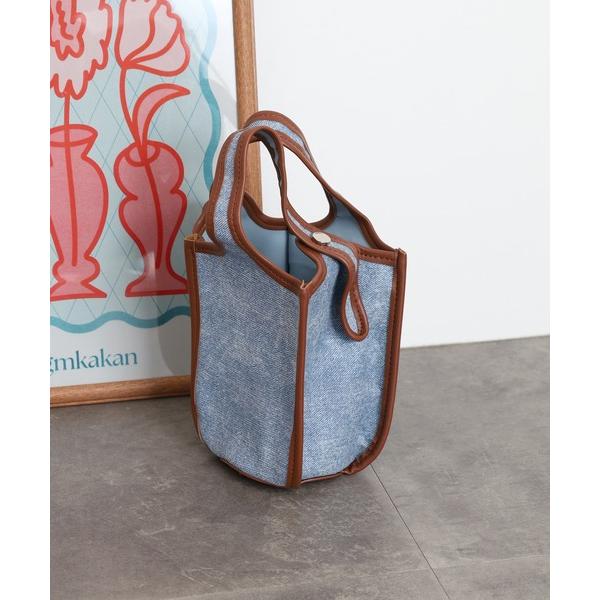 トートバッグ 配色パイピングデニム風フェイクレザーバケツトート レディース