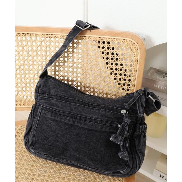 ショルダーバッグ バッグ ３ファスナー　ヴィンテージ風デニムショルダーバッグ レディース