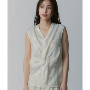タンクトップ ノースリーブ 箔プリント ツイストVネックカットソー レディース