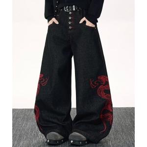 ジーンズ 「NOWLE」スネーク刺繍 ワイド バギー デニムパンツ メンズ