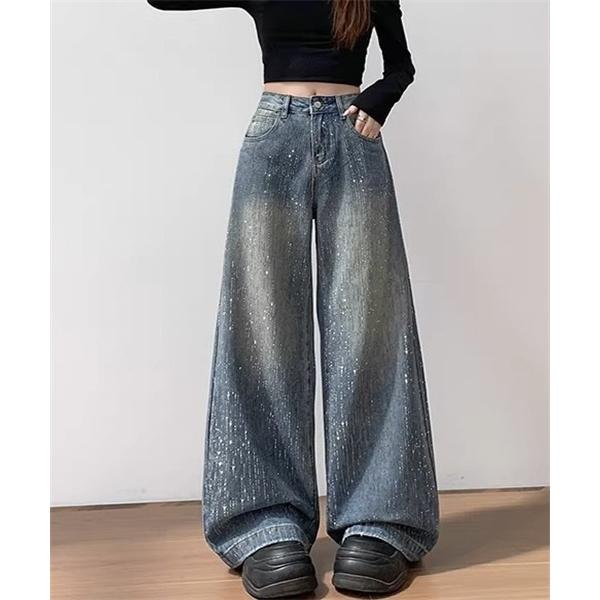 ワイドパンツ ジーンズ デニム デニムパンツ キラキララインストーンデニムパンツ レディース