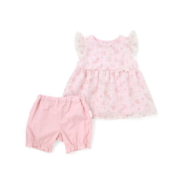 ベビー 花柄シフォンレースワンピース+フリルブルマセットアップベビー(70~80cm)