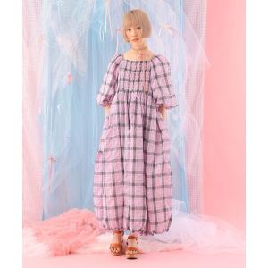 ワンピース バルーン チェック ロング ワンピース