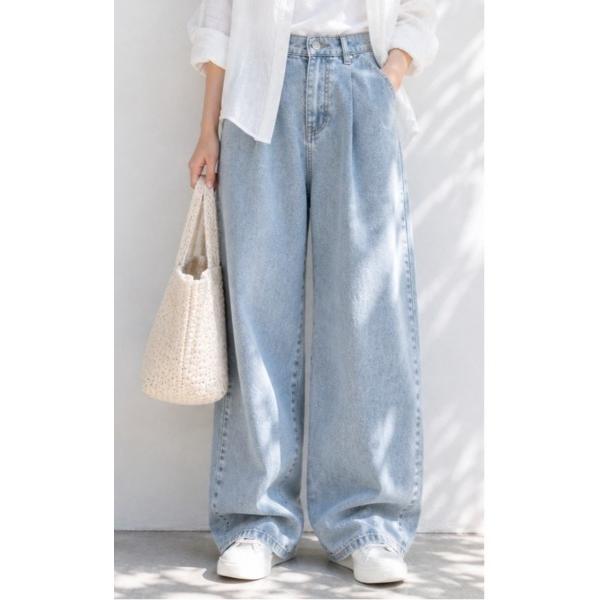 ワイドパンツ ジーンズ デニム デニムパンツ ホック付きタックデニムワイドパンツ レディース
