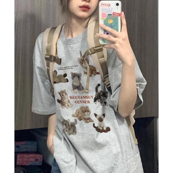 tシャツ 「26年春夏新作・6色展開」ぬいぐるみキャットプリント半袖ロンT レディース