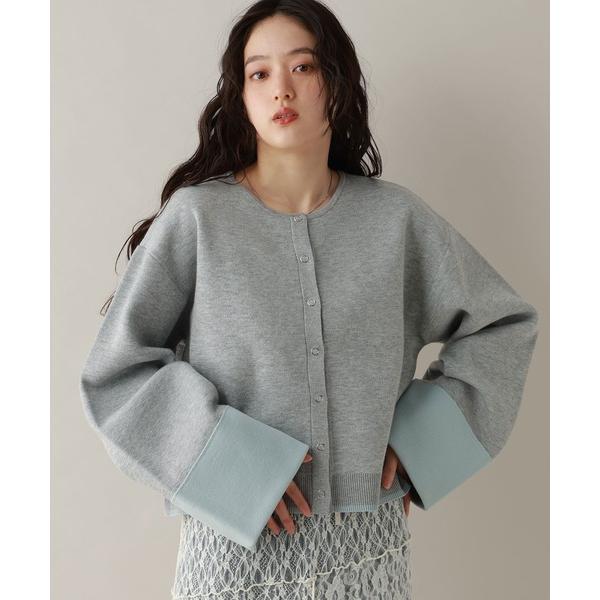 カーディガン ロールアップデザイン/バイカラーニットカーディガン レディース