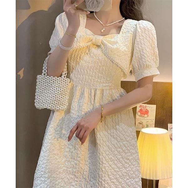 ワンピース 「26年春夏新作」スクエアネック パールトリミングリボン パフスリーブミニワンピース