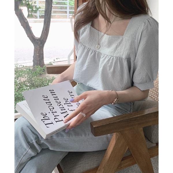 ブラウス シャツ 「26年春夏新作」ギンガムチェックスクエアネックパフスリーブ半袖ブラウス レディー...