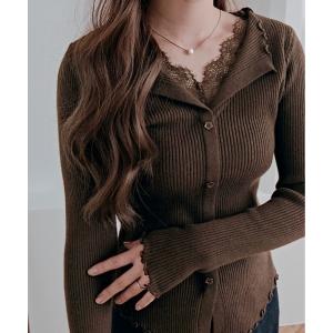 ニット セーター レース レイヤード 襟付き リブ ニット トップス レディース