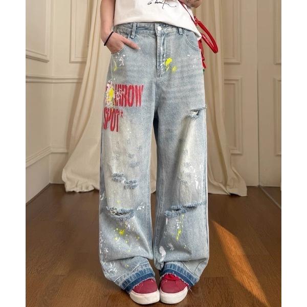 ジーンズ デニム デニムパンツ 26ss ユニックス/前プリントダメージデニムパンツ レディース