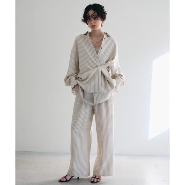 スラックス パンツ パウダースキンストライプギャザーイージーパンツ レディース