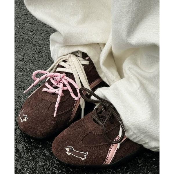 スニーカー 「軽量」遊び心リボン 犬 アップル 目玉 刺繍ワンポイント 配色スニーカー レディース