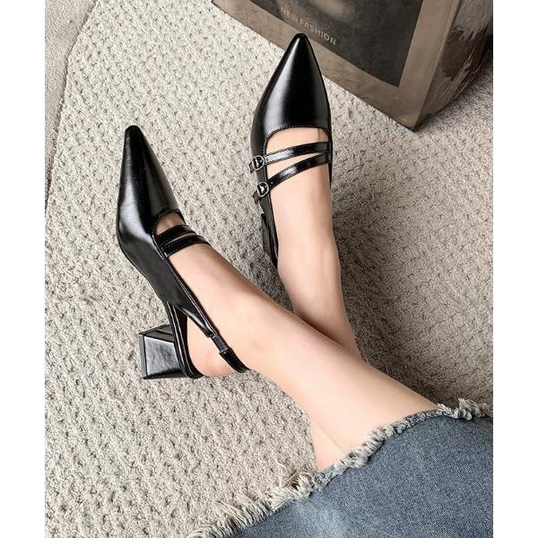 パンプス ダブルベルトミュールパンプスポインテッドトゥ