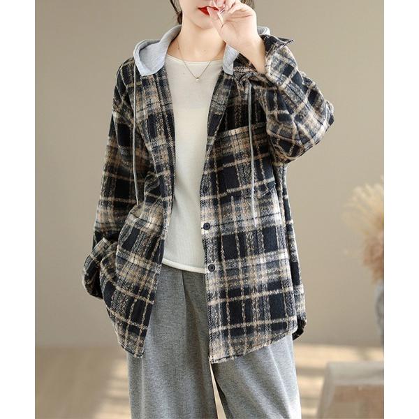 パーカー フード付きレイヤードチェックトップス レディース
