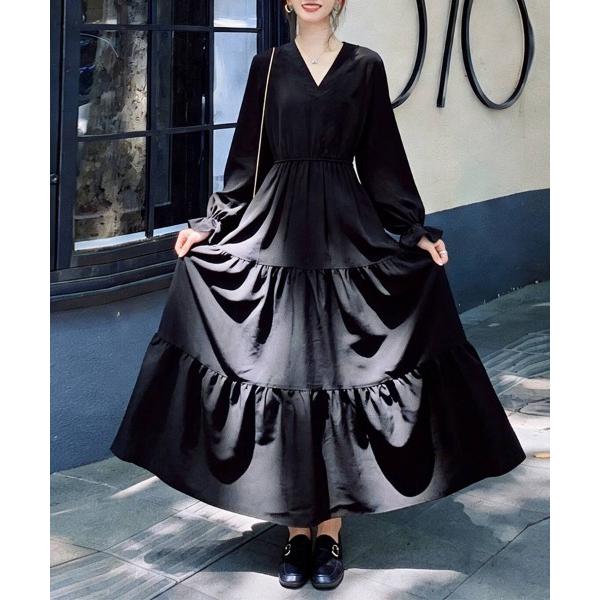 ワンピース Vネック×ティアードロングワンピース
