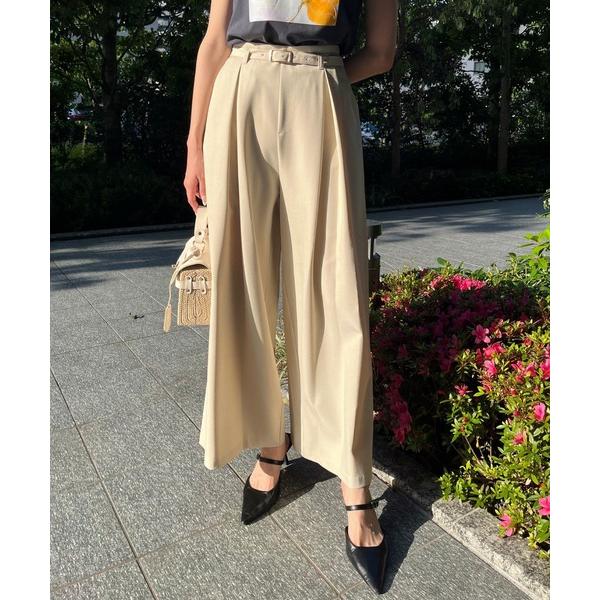 ワイドパンツ パンツ ベルト付きタックワイドパンツ レディース