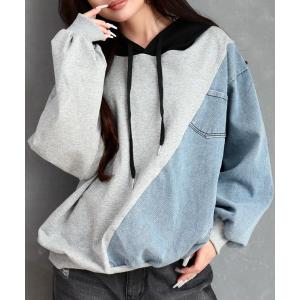 トレーナー スウェット デニム使い裏毛バックプリントパーカー レディース