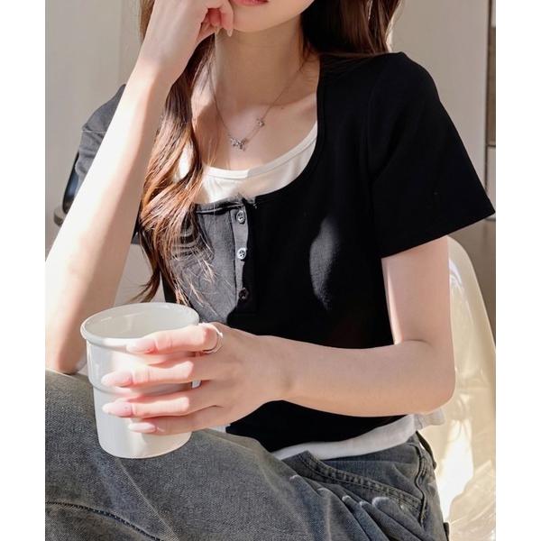 ヘンリーネック tシャツ 半袖 サイドギャザー レイヤード風 ヘンリーネック トップス レディース