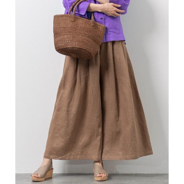 パンツ フレンチリネン100％ タックアクセント ふんわりワイドパンツ リネン 麻 ウエストゴム レ...