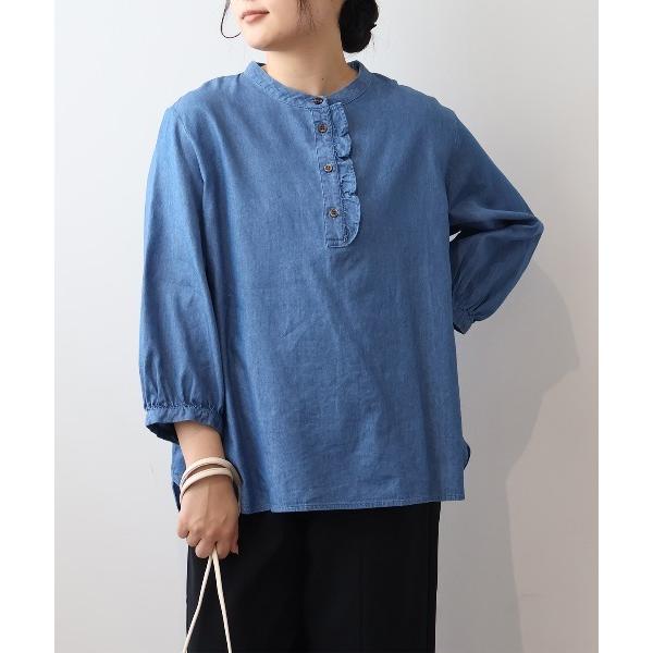 ブラウス シャツ 「L〜6L 大きいサイズ」レーヨン混デニムバンドカラーフリルブラウス レディース
