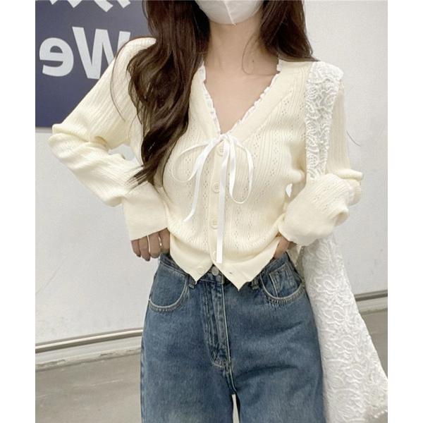 カーディガン 「26春夏新作」フェイクレイヤードフリルリボンカーディガン レディース