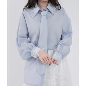 ブラウス シャツ ネクタイセットレースドッキングシャツ レディース