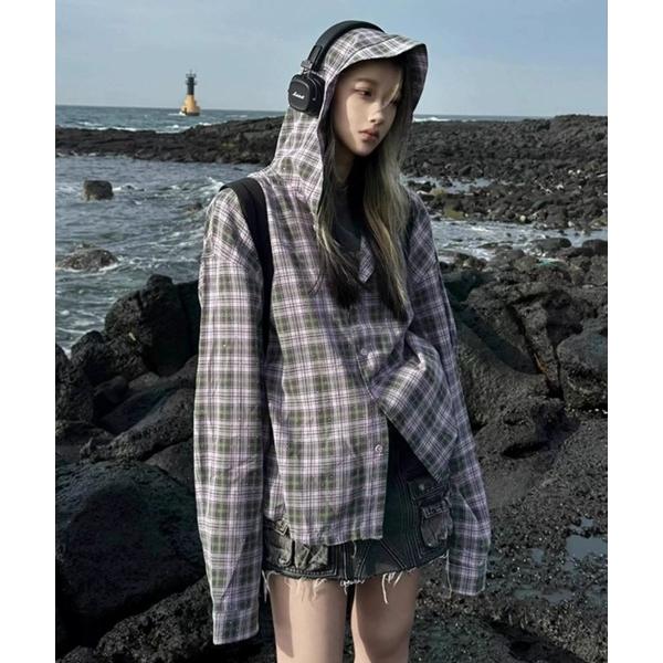 ブラウス シャツ ラインストーン＆チェック柄ビッグシルエットシャツ レディース メンズ