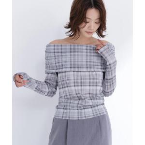 tシャツ シアーチェックオフショルトップス レディースの商品画像