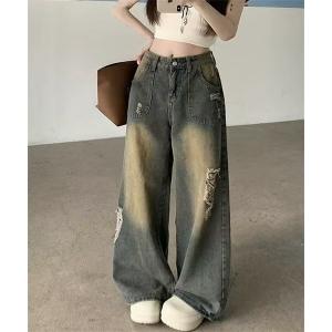 ジーンズ デニム デニムパンツ ダメージワイドデニムパンツ レディース