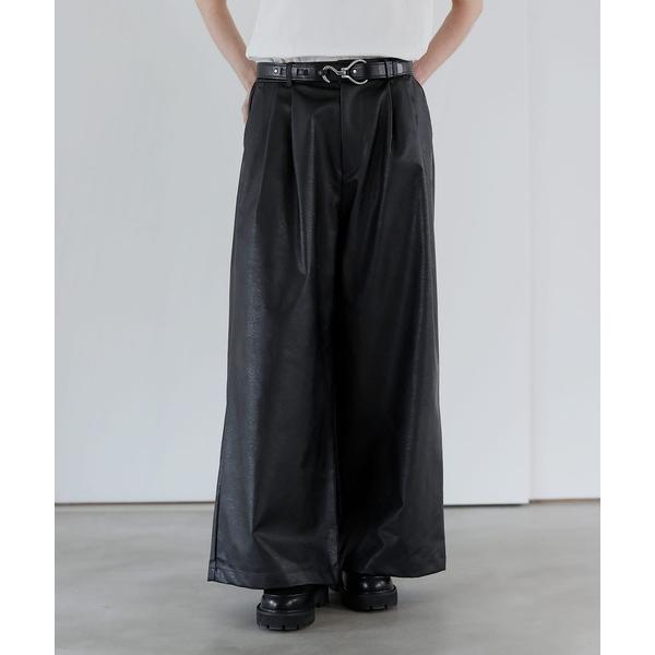 スラックス ヴィンテージ加工ワイドフレア合皮スラックス メンズ レディース