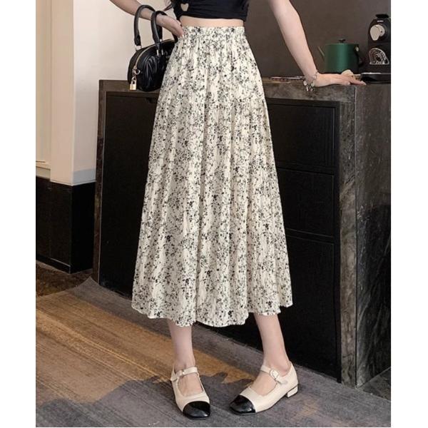 スカート ウエストゴム花柄フレアスカート