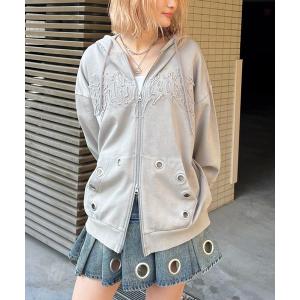 パーカー アイレットクラッシュロゴオーバーパーカー レディース メンズ