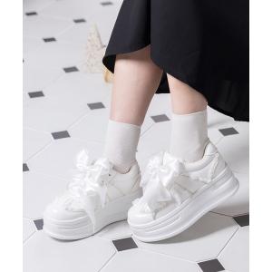 スニーカー 厚底ダブルリボンフリルスニーカー レディース