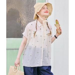 ブラウス シャツ フラワー刺繍シアー半袖ブラウス レディース