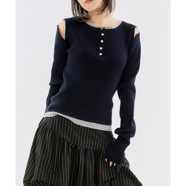 ニット セーター layered henry lib knit カットアウトレイヤードデザインヘンリ...