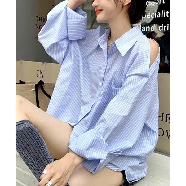 ブラウス シャツ 2wayショルダースリットストライプルーズシャツ レディース