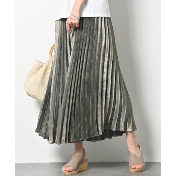 パンツ スカート見えプリーツパンツ 体系カバー 縦ライン ウエストゴム 光沢 細見え レディース