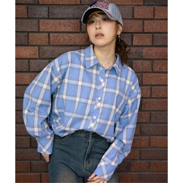 ブラウス シャツ 「チェック柄×ラインストーン」ショート丈シャツ 長袖 春 レディース