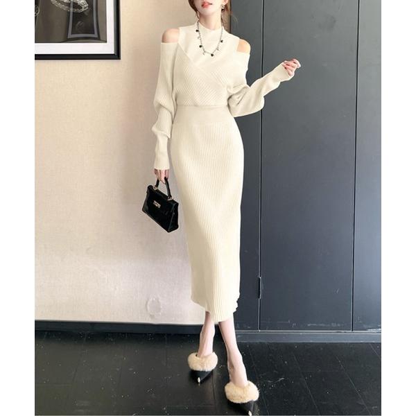 ワンピース オープンショルダーリブニットワンピース
