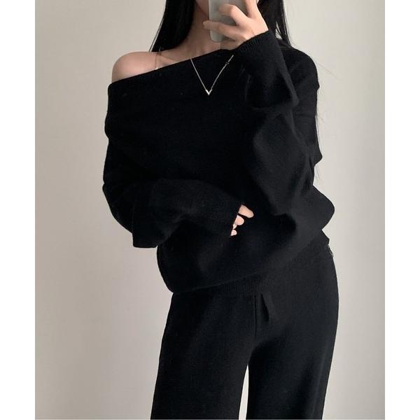 トレーナー スウェット オフショルダー風 ニットトップス×リラックスパンツ セット レディース
